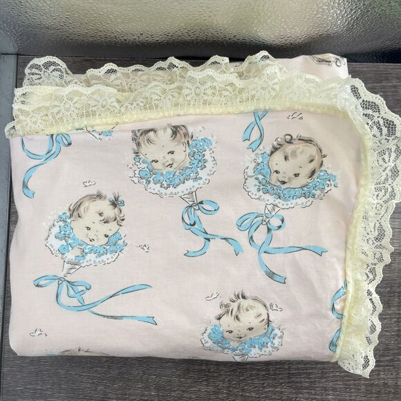 Vintage Gerber Baby Faces Crib Blanket Lace Pink Blue Yellow Rare Quilt 80s - Picture 5 of 5